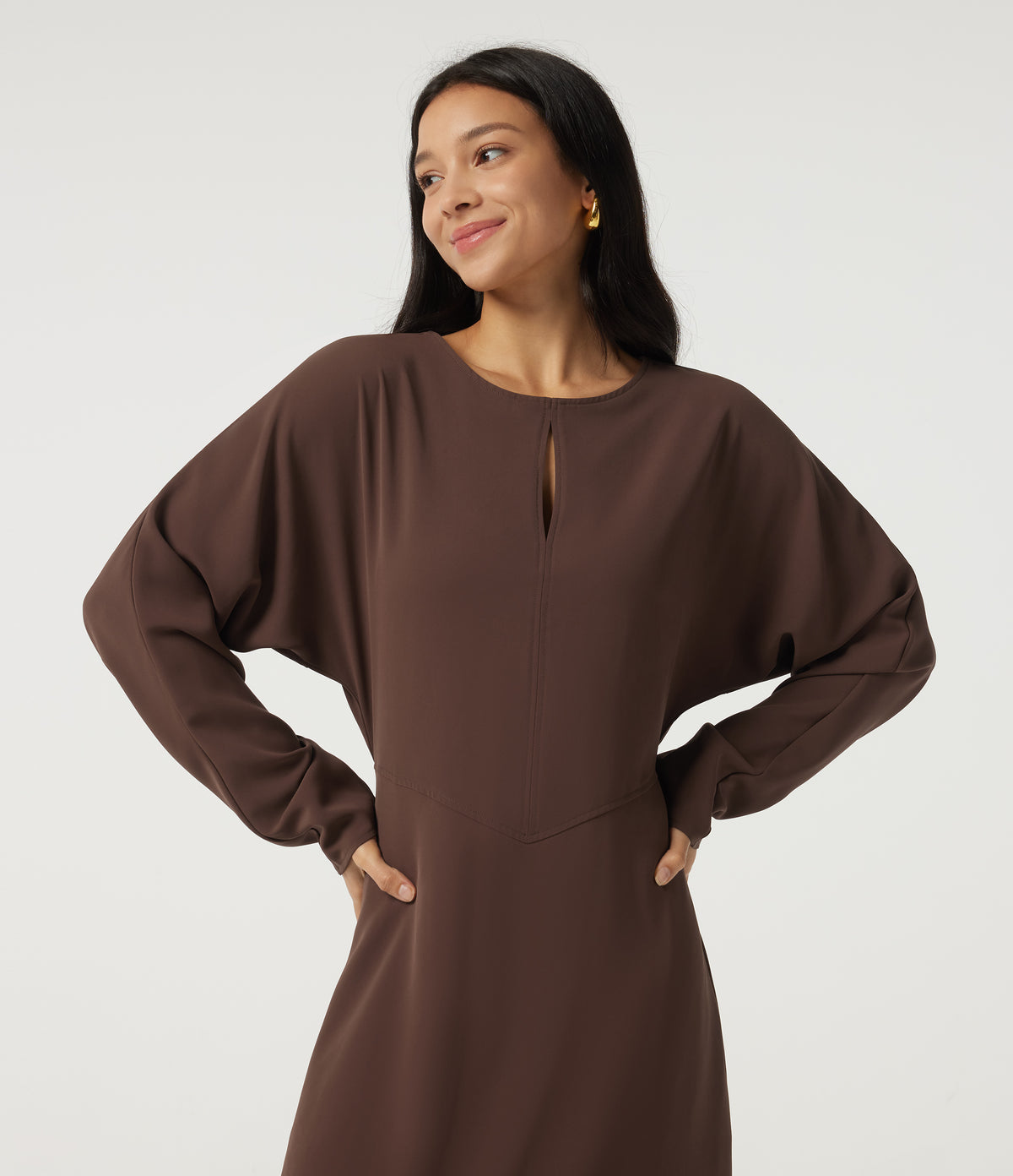 Round Neck Batwing Long Sleeve Midi Work Dress with Pockets — Brown Stone — view 4
