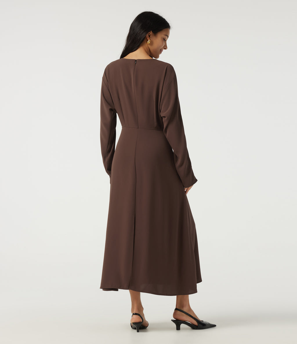 Round Neck Batwing Long Sleeve Midi Work Dress with Pockets — Brown Stone — view 2