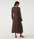 Round Neck Batwing Long Sleeve Midi Work Dress with Pockets — Brown Stone — view 2