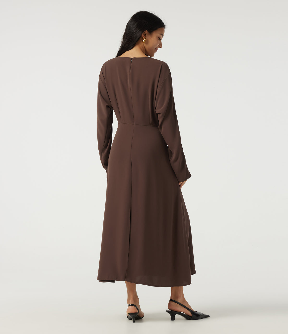 Round Neck Batwing Long Sleeve Midi Work Dress with Pockets — Brown Stone — view 2