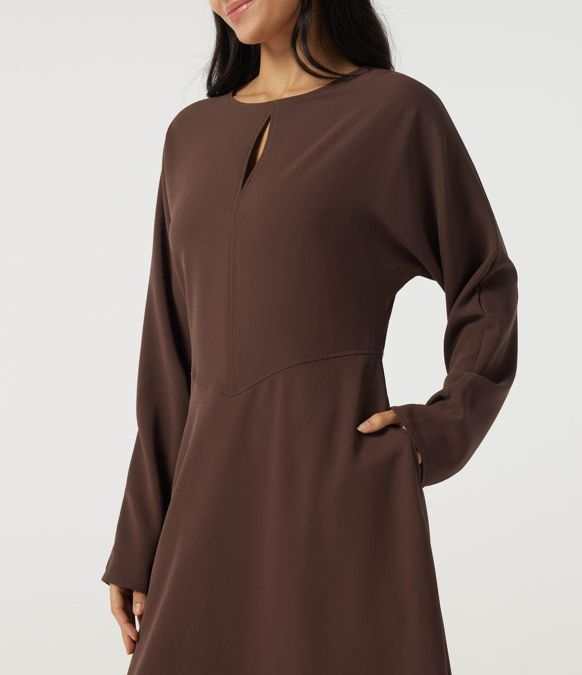 Round Neck Batwing Long Sleeve Midi Work Dress with Pockets — Brown Stone — view 5
