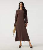 Round Neck Batwing Long Sleeve Midi Work Dress with Pockets — Brown Stone — view 8