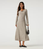 Ribbed Knit Henley Neck Long Sleeve Midi Casual Dress — Ridge Sand Khaki — view 6