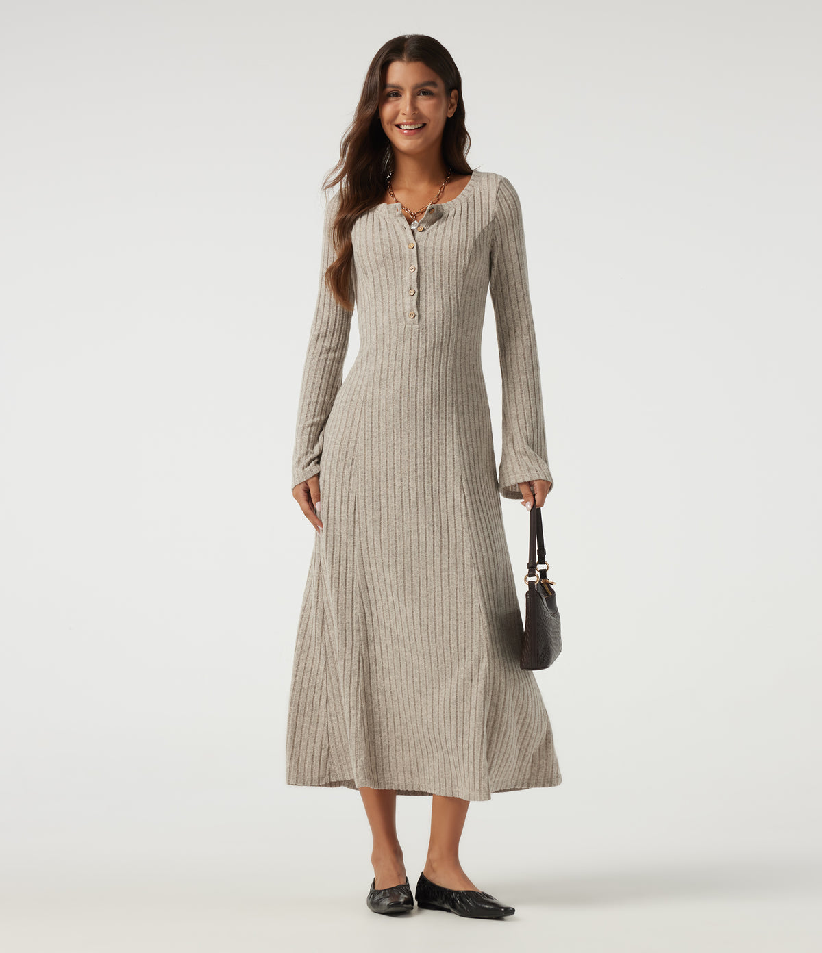 Ribbed Knit Henley Neck Long Sleeve Midi Casual Dress — Ridge Sand Khaki — view 6