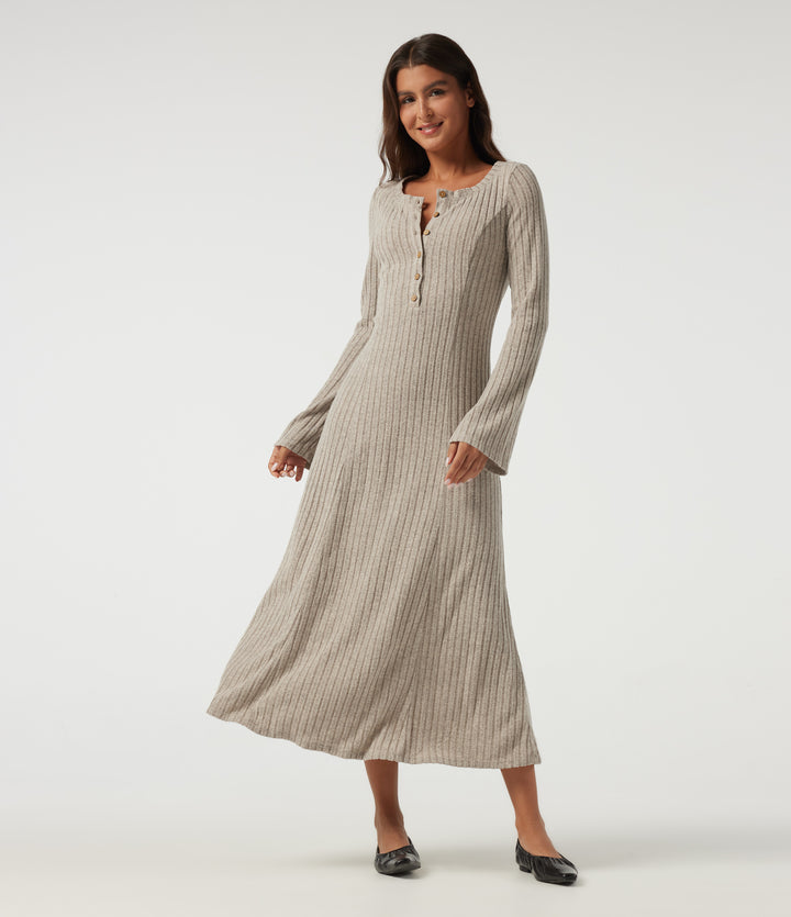 Ribbed Knit Henley Neck Long Sleeve Midi Casual Dress — Ridge Sand Khaki — view 1