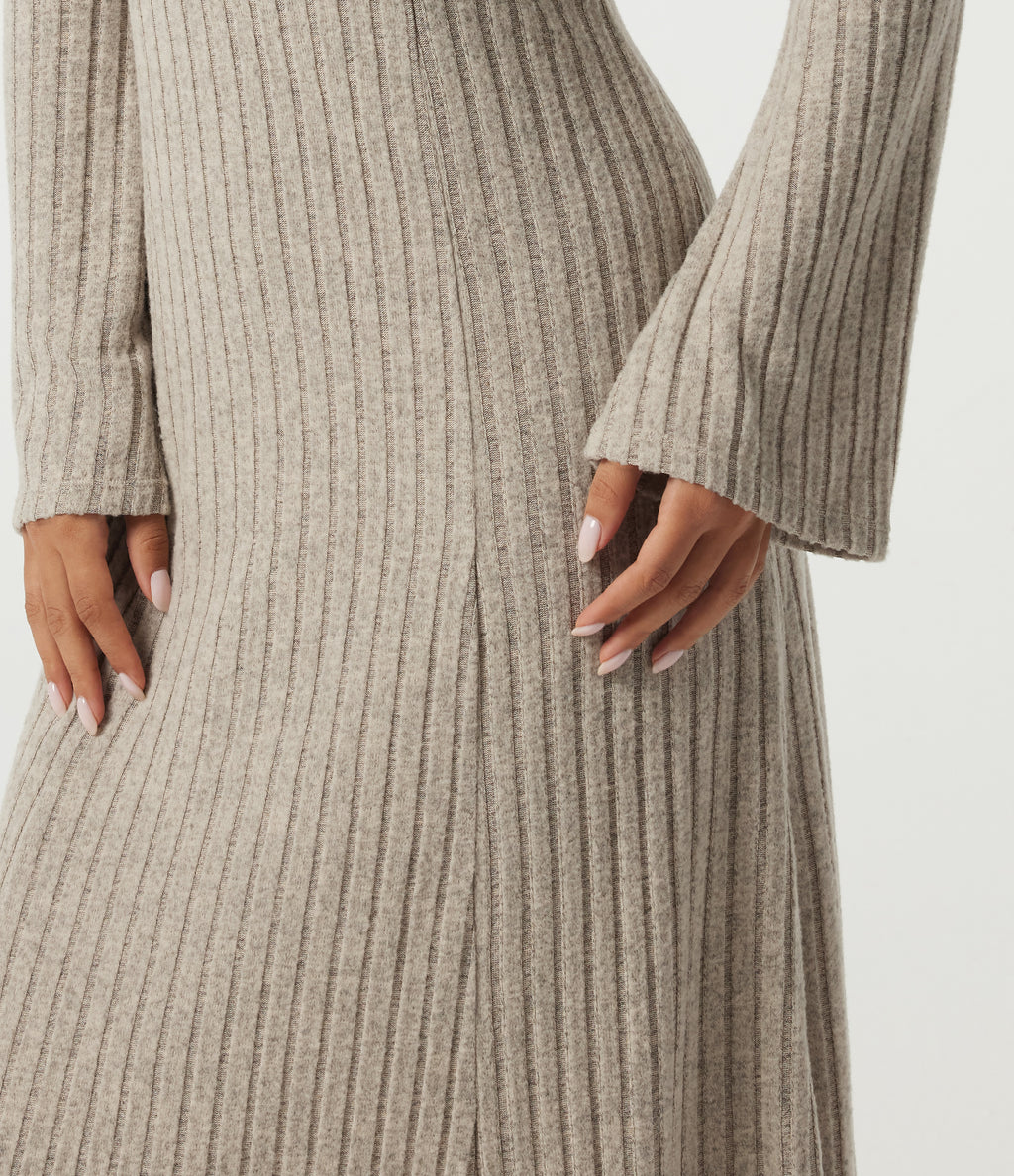 Ribbed Knit Henley Neck Long Sleeve Midi Casual Dress — Ridge Sand Khaki — view 5