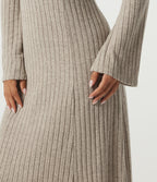 Ribbed Knit Henley Neck Long Sleeve Midi Casual Dress — Ridge Sand Khaki — view 5