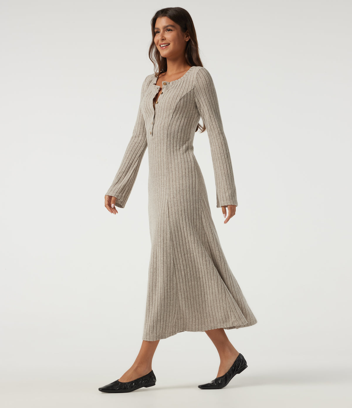 Ribbed Knit Henley Neck Long Sleeve Midi Casual Dress — Ridge Sand Khaki — view 3