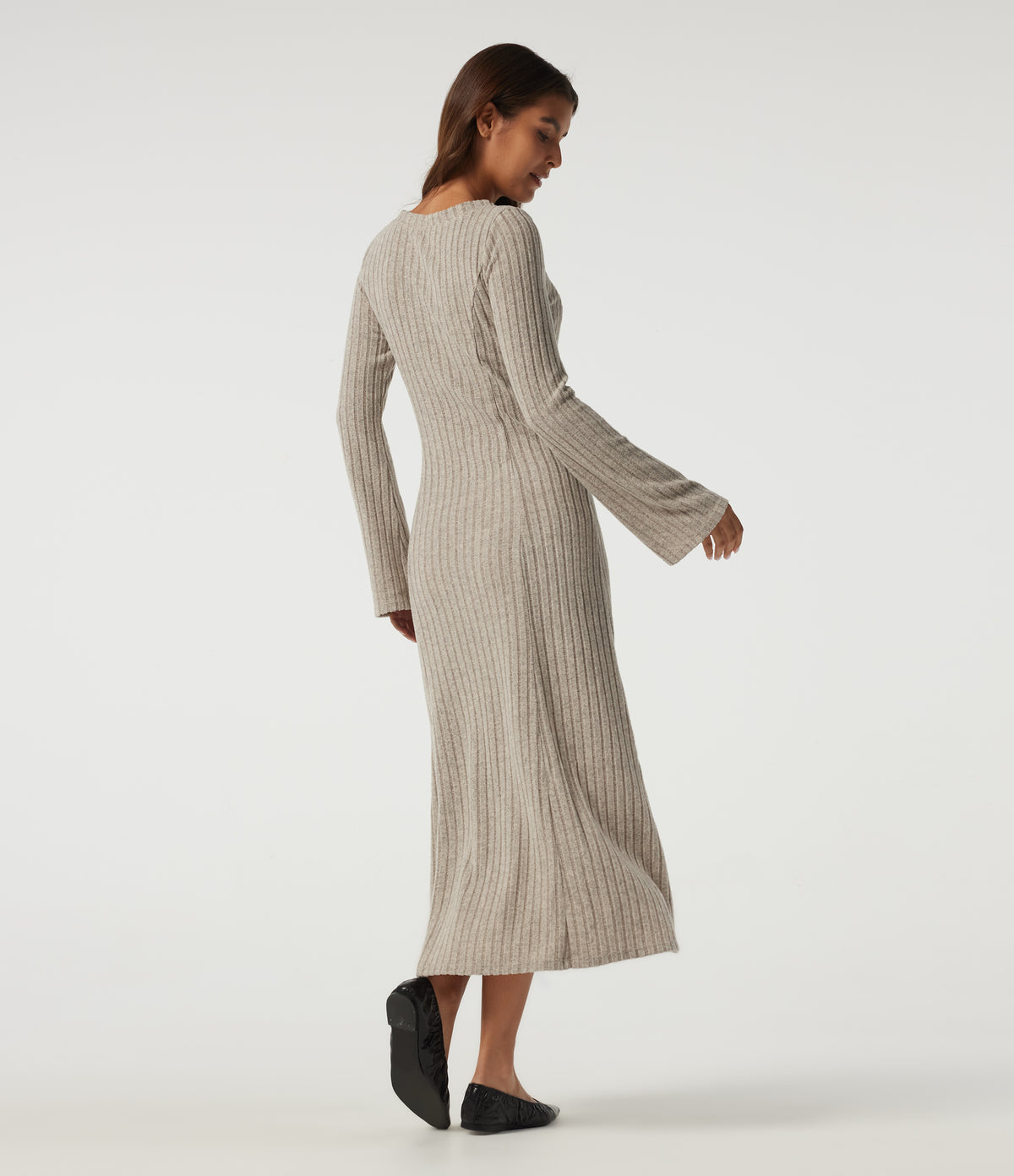 Ribbed Knit Henley Neck Long Sleeve Midi Casual Dress — Ridge Sand Khaki — view 2