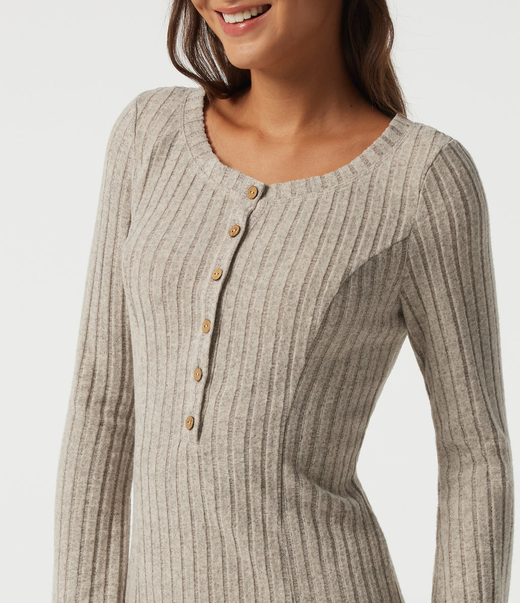 Ribbed Knit Henley Neck Long Sleeve Midi Casual Dress — Ridge Sand Khaki — view 4