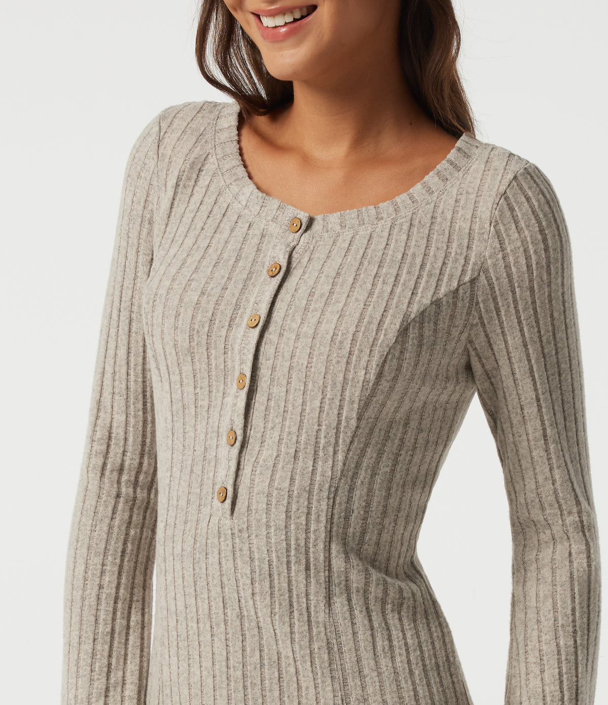 Ribbed Knit Henley Neck Long Sleeve Midi Casual Dress — Ridge Sand Khaki — view 4