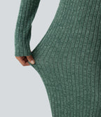Ribbed Knit Mid Rise Drawstring Wide Leg Lounge Trousers with Pockets — Mottled Greenlake — view 6