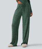 Ribbed Knit Mid Rise Drawstring Wide Leg Lounge Trousers with Pockets — Mottled Greenlake — view 4