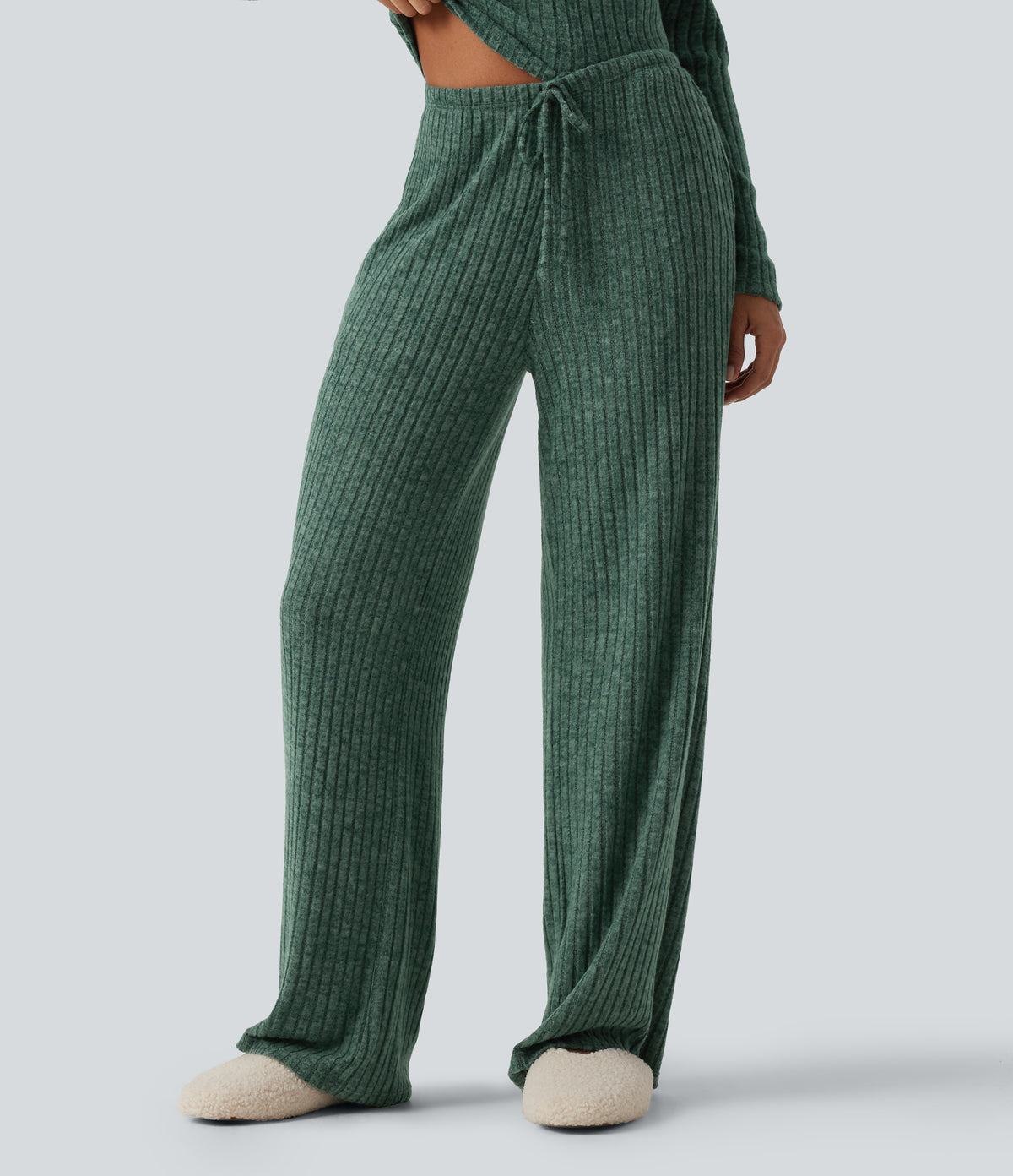 Ribbed Knit Mid Rise Drawstring Wide Leg Lounge Trousers with Pockets — Mottled Greenlake — view 4
