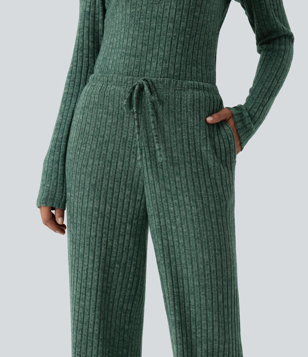 Ribbed Knit Mid Rise Drawstring Wide Leg Lounge Trousers with Pockets — Mottled Greenlake — view 5