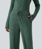Ribbed Knit Mid Rise Drawstring Wide Leg Lounge Trousers with Pockets — Mottled Greenlake — view 5