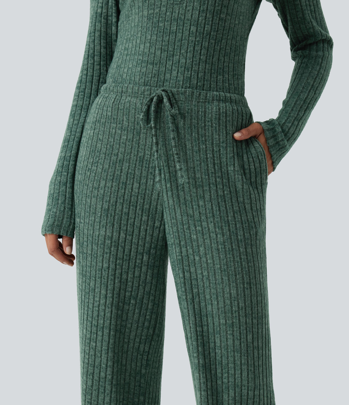 Ribbed Knit Mid Rise Drawstring Wide Leg Lounge Trousers with Pockets — Mottled Greenlake — view 5