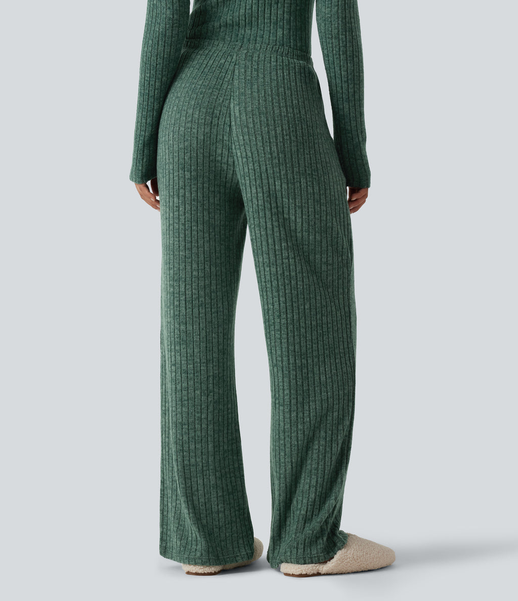 Ribbed Knit Mid Rise Drawstring Wide Leg Lounge Trousers with Pockets — Mottled Greenlake — view 2