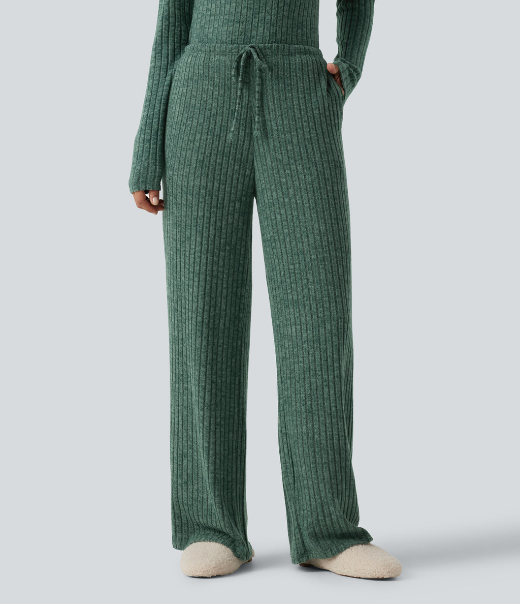 Ribbed Knit Mid Rise Drawstring Wide Leg Lounge Trousers with Pockets — Mottled Greenlake — view 1