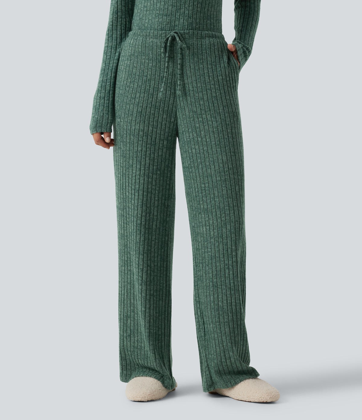 Ribbed Knit Mid Rise Drawstring Wide Leg Lounge Trousers with Pockets — Mottled Greenlake — view 1
