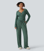 Ribbed Knit Mid Rise Drawstring Wide Leg Lounge Trousers with Pockets — Mottled Greenlake — view 7