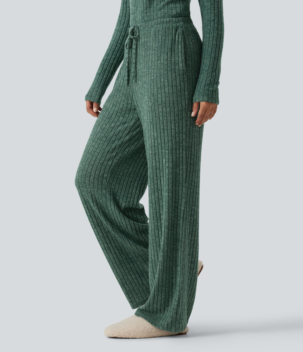 Ribbed Knit Mid Rise Drawstring Wide Leg Lounge Trousers with Pockets — Mottled Greenlake — view 3