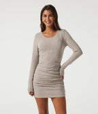 Ribbed Knit Round Neck Long Sleeve Ruched Mini Casual Dress — Smoked Olive — view 1