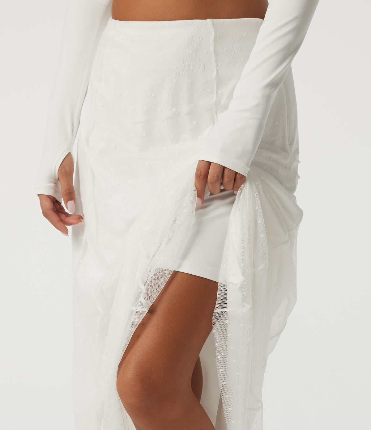 High Waisted A Line Contrast Mesh Midi Casual Skirt — White — view 4