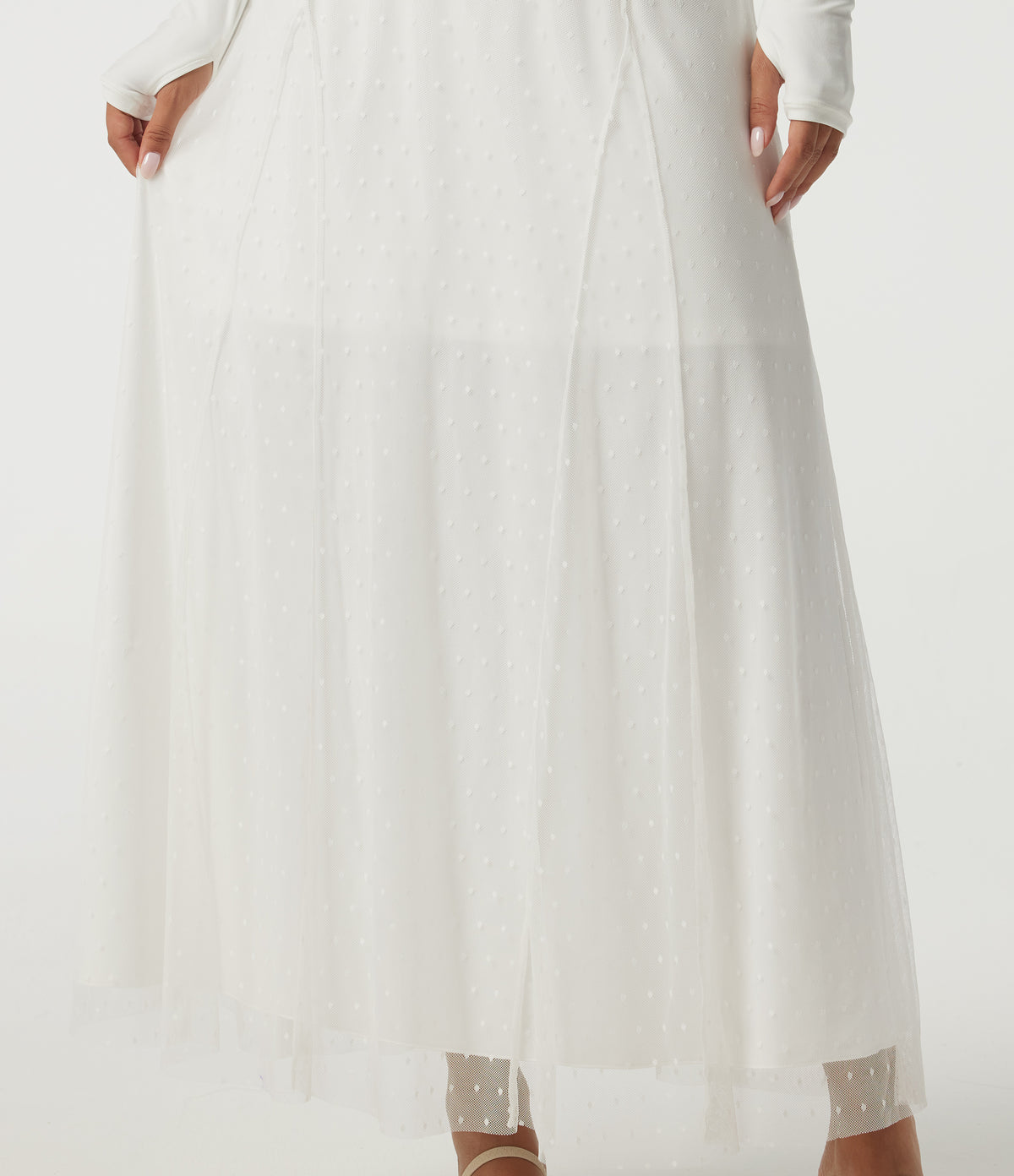 High Waisted A Line Contrast Mesh Midi Casual Skirt — White — view 6