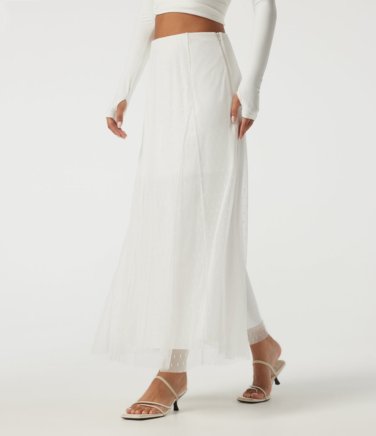 High Waisted A Line Contrast Mesh Midi Casual Skirt — White — view 3