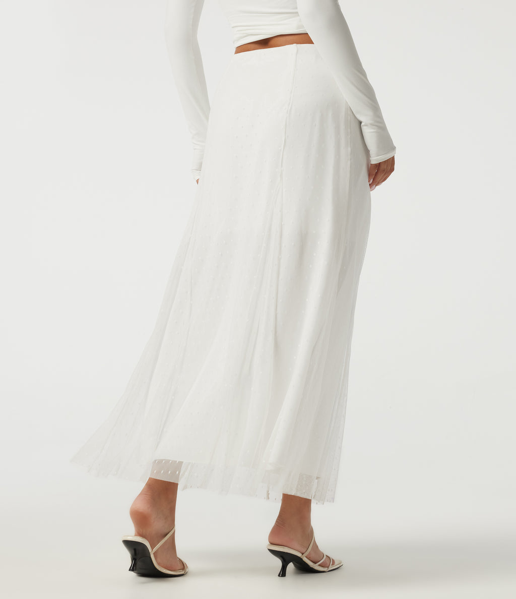 High Waisted A Line Contrast Mesh Midi Casual Skirt — White — view 2