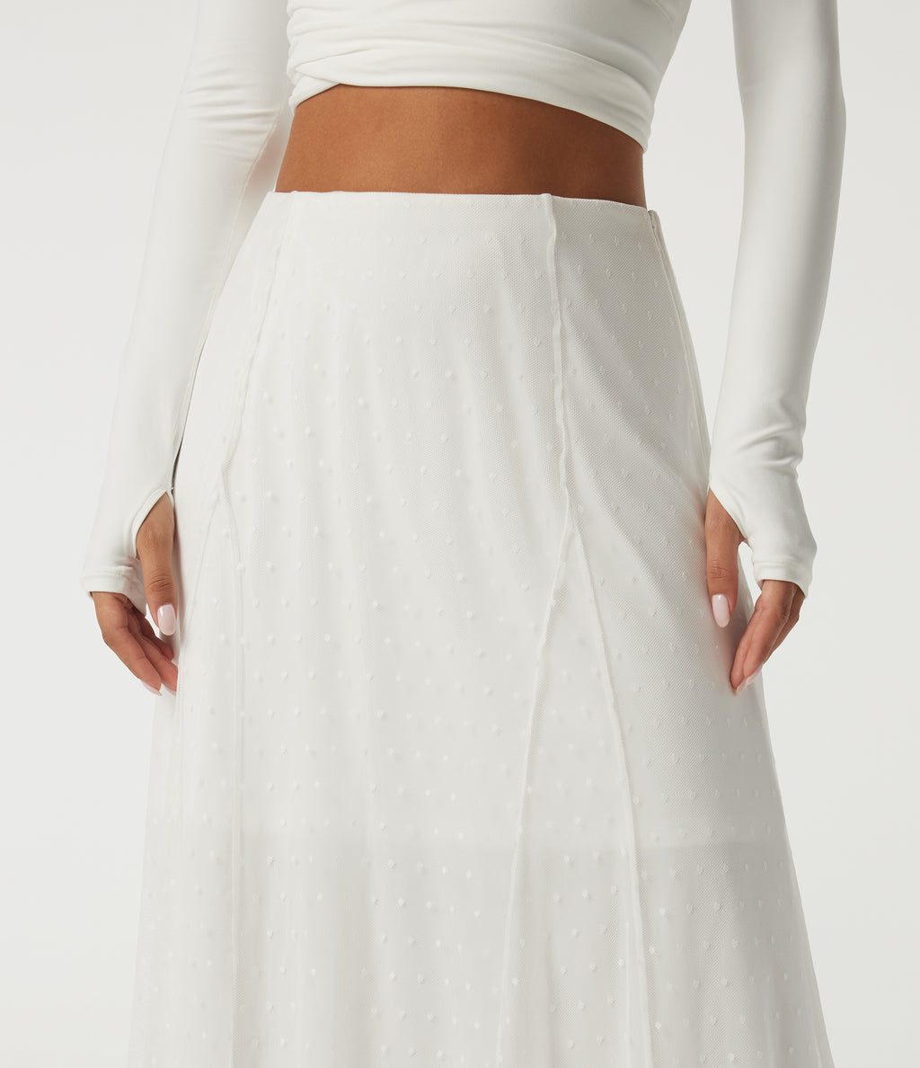 High Waisted A Line Contrast Mesh Midi Casual Skirt — White — view 5
