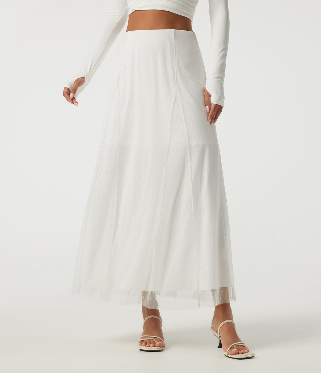 High Waisted A Line Contrast Mesh Midi Casual Skirt — White — view 1