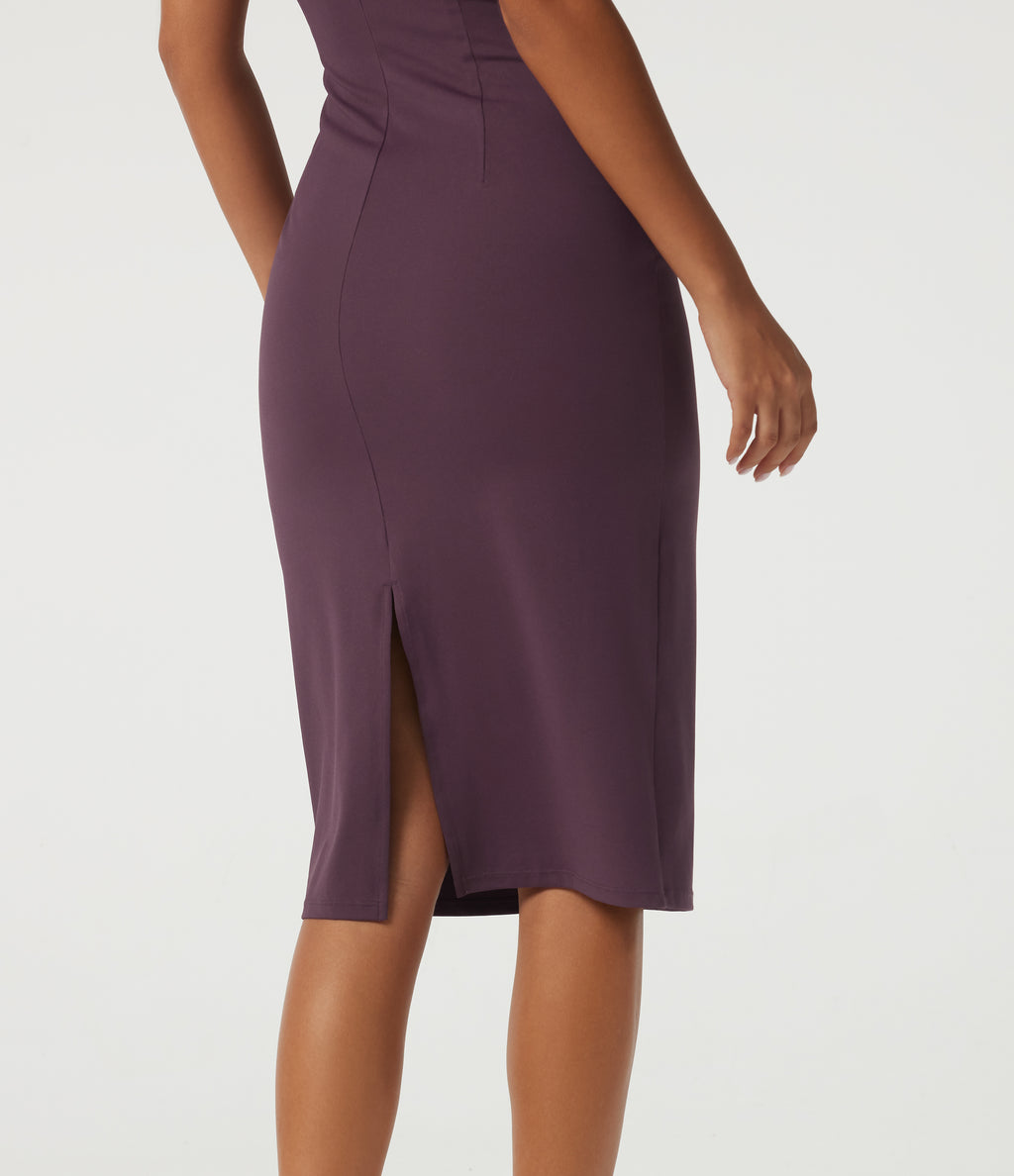 Boat Neck Sleeveless Ruched Pencil Midi Work Dress — Plum Wine — view 5