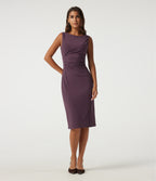 Boat Neck Sleeveless Ruched Pencil Midi Work Dress — Plum Wine — view 1