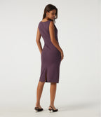 Boat Neck Sleeveless Ruched Pencil Midi Work Dress — Plum Wine — view 2