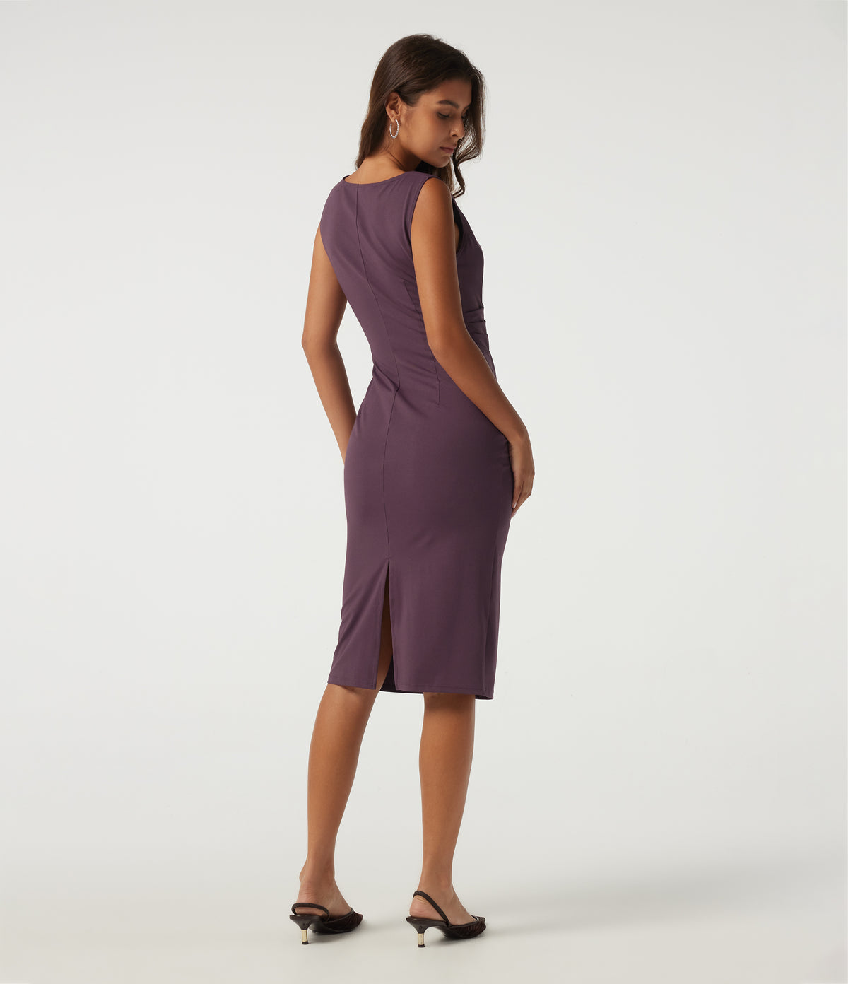 Boat Neck Sleeveless Ruched Pencil Midi Work Dress — Plum Wine — view 2