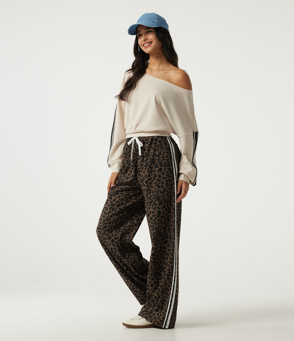 High Waisted Leopard Print Wide Leg Drawstring Side Stripe Casual Trousers with Pockets — Wildmark — view 6