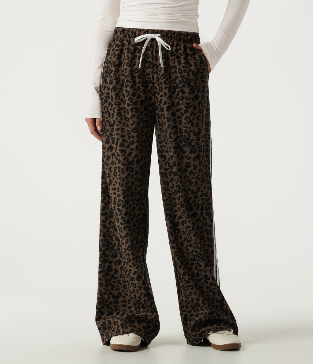 High Waisted Leopard Print Wide Leg Drawstring Side Stripe Casual Trousers with Pockets — Wildmark — view 3