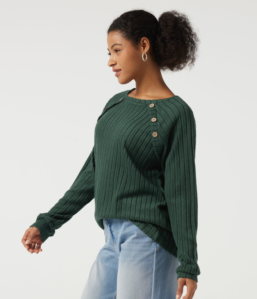 Ribbed Knit Round Neck Long Sleeve Casual Top — Mottled Greenlake — view 3