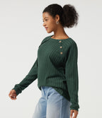 Ribbed Knit Round Neck Long Sleeve Casual Top — Mottled Greenlake — view 3