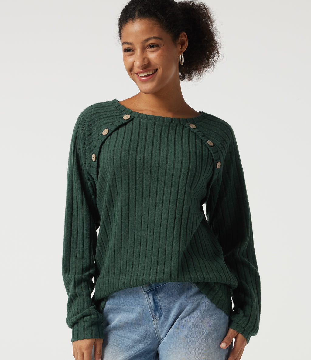 Ribbed Knit Round Neck Long Sleeve Casual Top — Mottled Greenlake — view 1