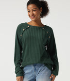 Ribbed Knit Round Neck Long Sleeve Casual Top — Mottled Greenlake — view 1
