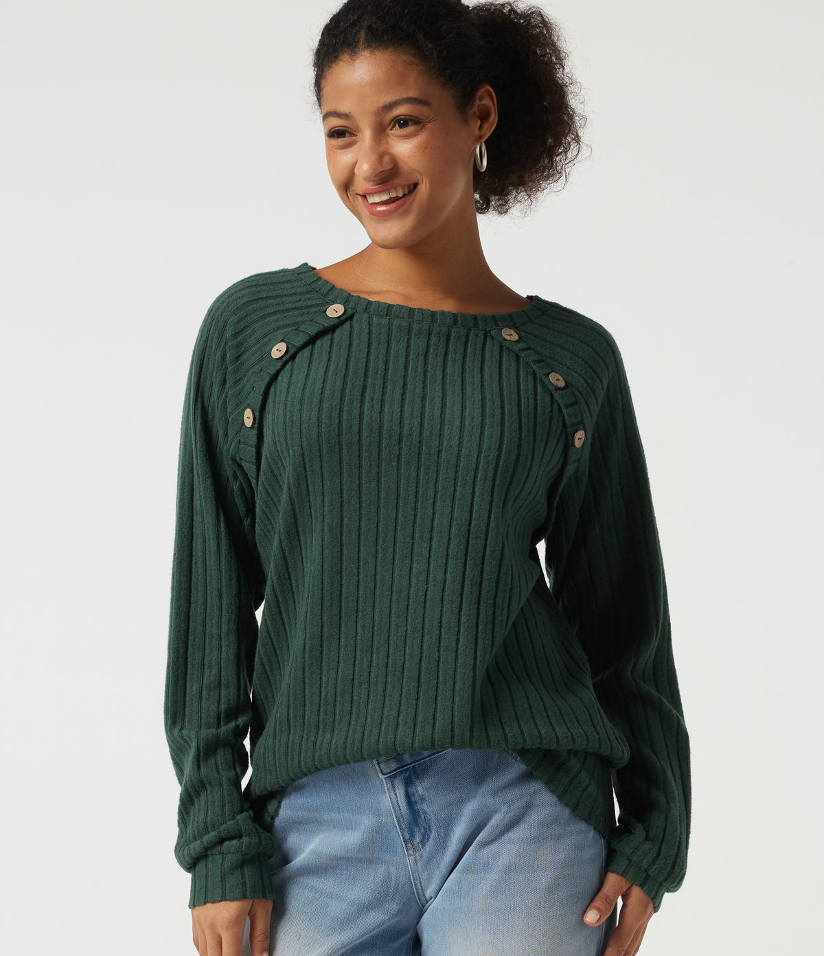 Ribbed Knit Round Neck Long Sleeve Casual Top — Mottled Greenlake — view 1