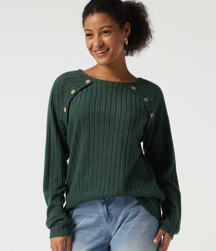 Ribbed Knit Round Neck Long Sleeve Casual Top — Mottled Greenlake — view 1