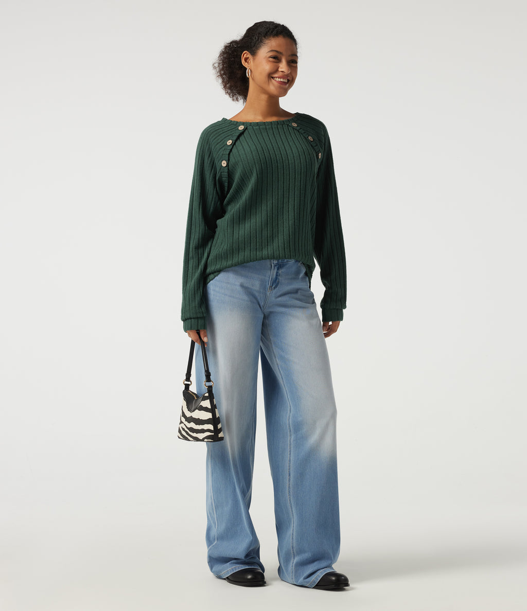 Ribbed Knit Round Neck Long Sleeve Casual Top — Mottled Greenlake — view 6