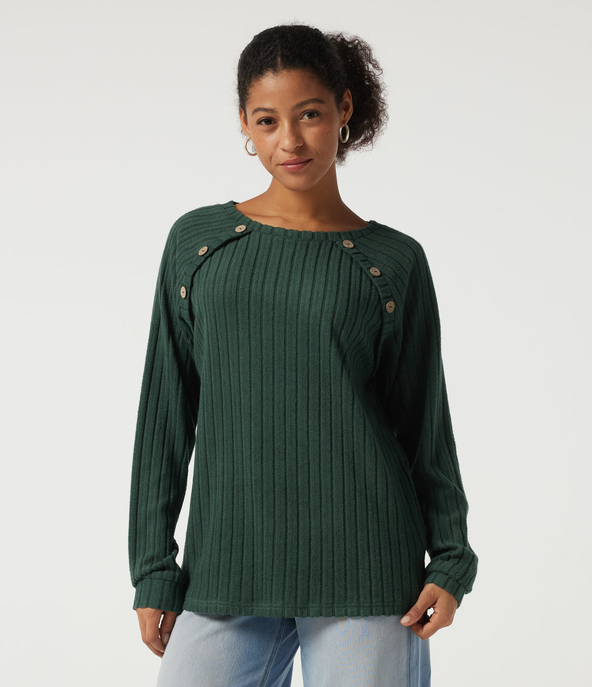 Ribbed Knit Round Neck Long Sleeve Casual Top — Mottled Greenlake — view 4
