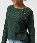 Ribbed Knit Round Neck Long Sleeve Casual Top — Mottled Greenlake — view 5