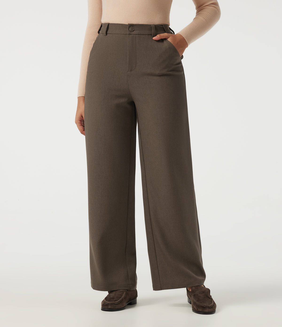 High Waisted Straight Leg Work Trousers with Pockets — Chestvale Brown — view 1