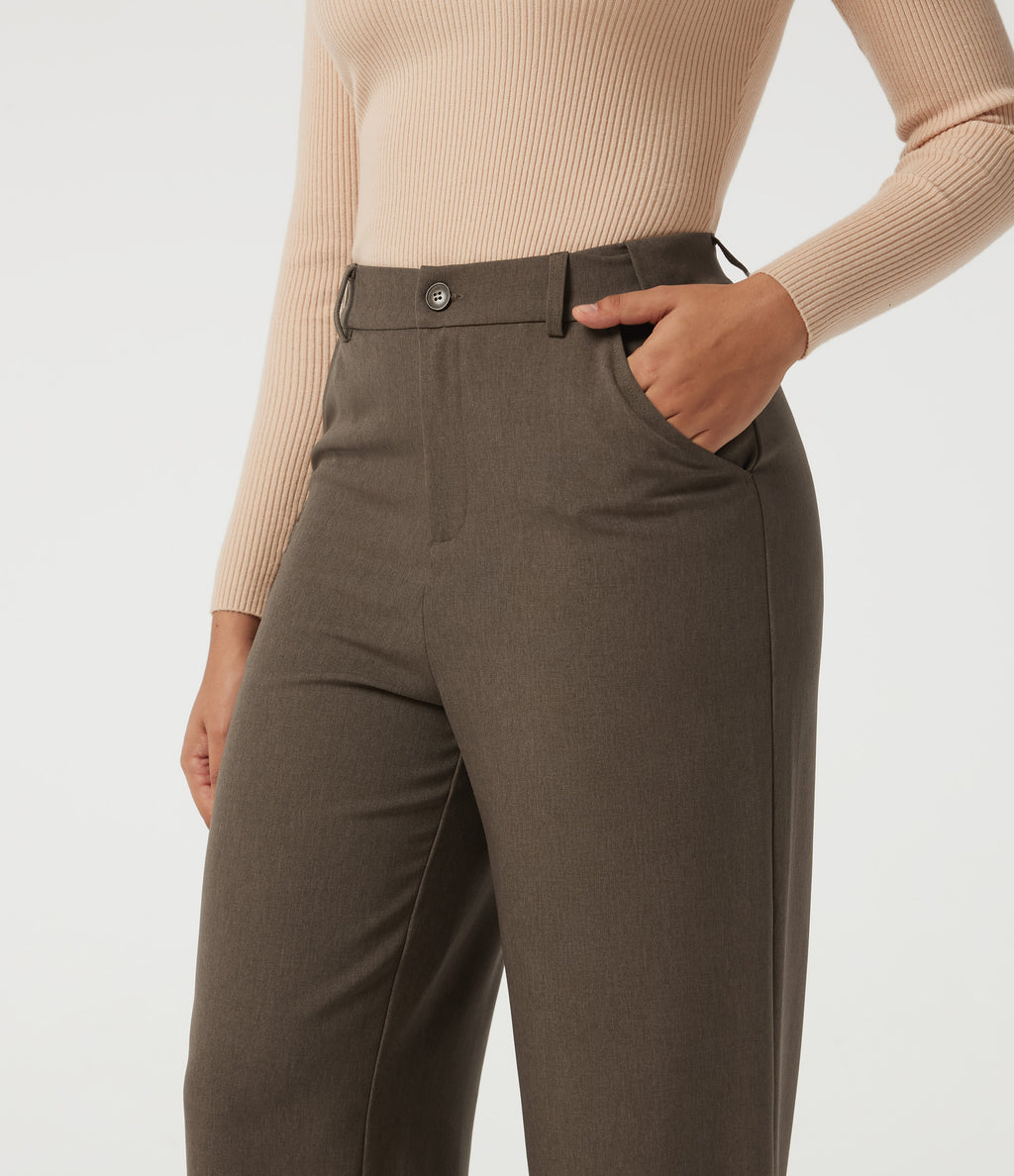 High Waisted Straight Leg Work Trousers with Pockets — Chestvale Brown — view 4